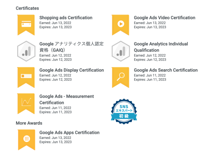 Google広告とGoogle アナリティクス認定資格の取得履歴